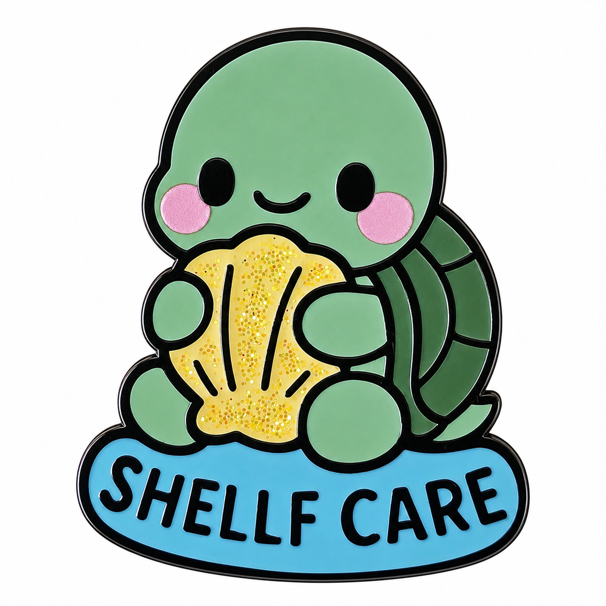 Enamel pin featuring a turtle design from Shelf Care by Pinlord.com, with colorful enamel details and a metal pin backing.
