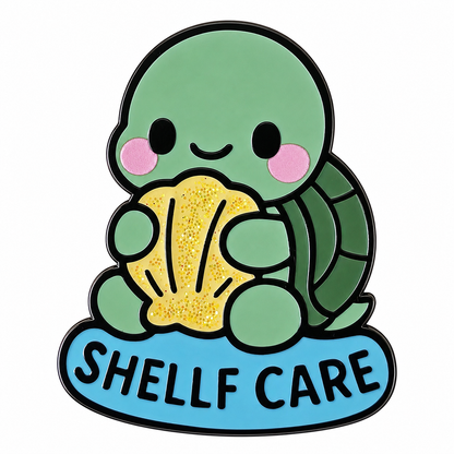 Enamel pin featuring a turtle design from Shelf Care by Pinlord.com, with colorful enamel details and a metal pin backing.