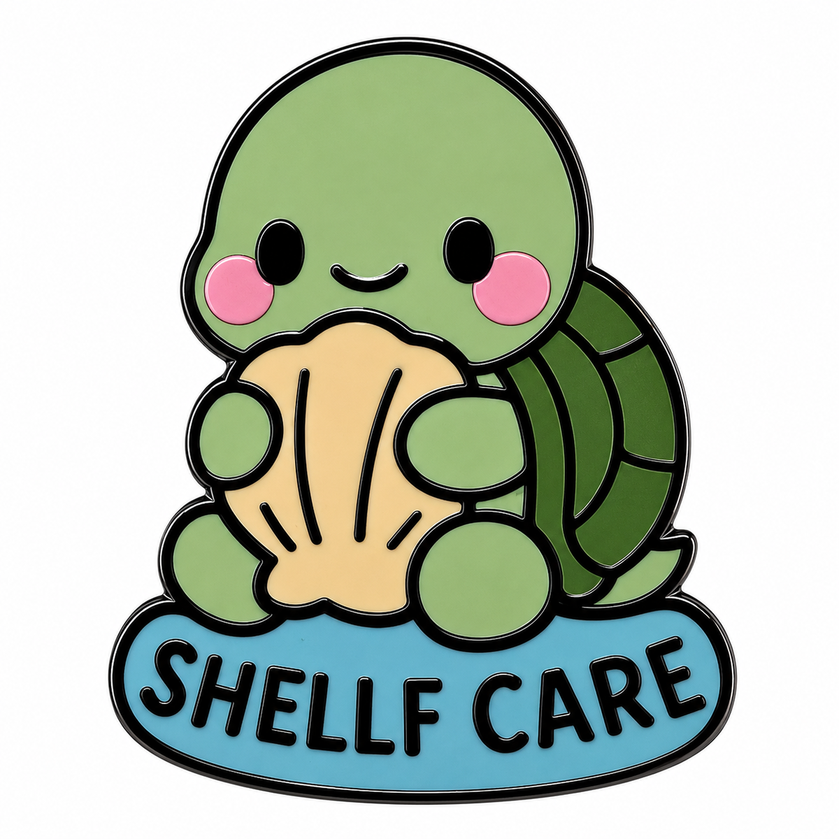 Enamel pin featuring a turtle design from Shelf Care Turtle collection, with colorful enamel details and a metal backing.