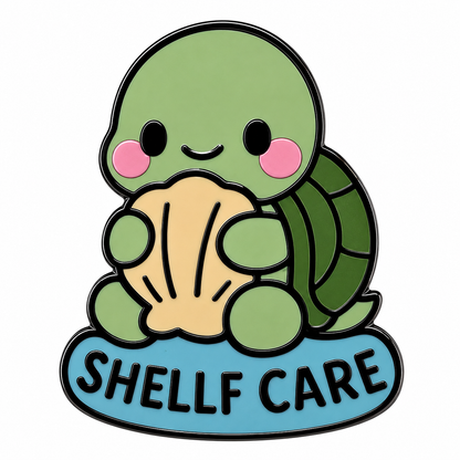 Enamel pin featuring a turtle design from Shelf Care Turtle collection, with colorful enamel details and a metal backing.