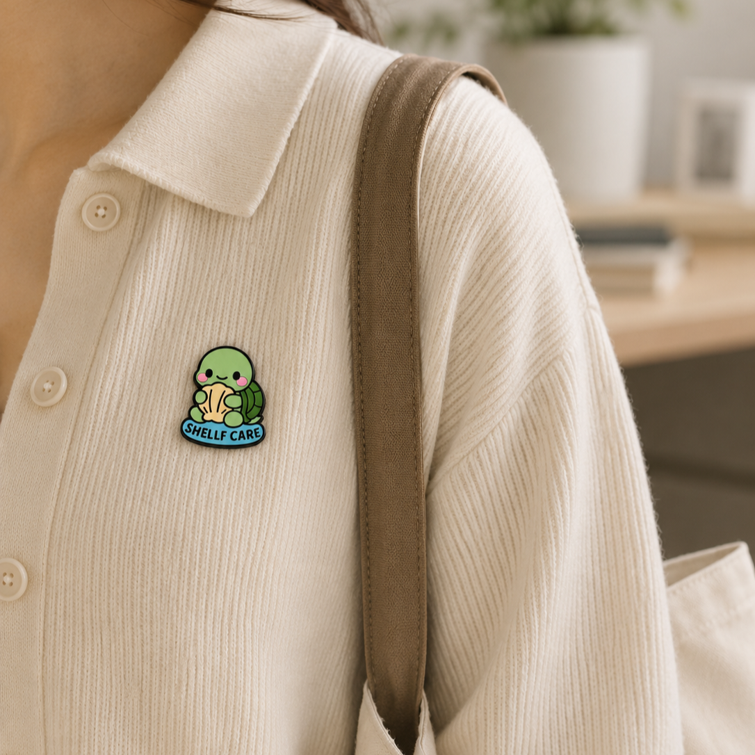 Shelf Care Turtle enamel pin featuring a cute turtle design with vibrant colors, perfect for pin collectors and accessories.