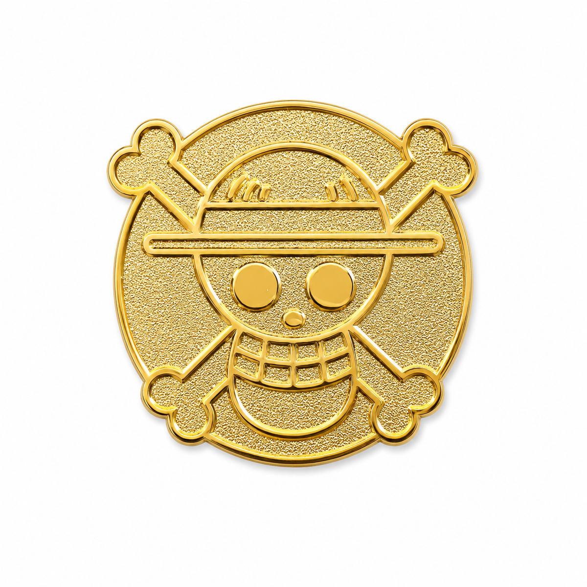 24k gold pirate flag enamel pin from Pinlord.com featuring a detailed black and gold pirate flag design.