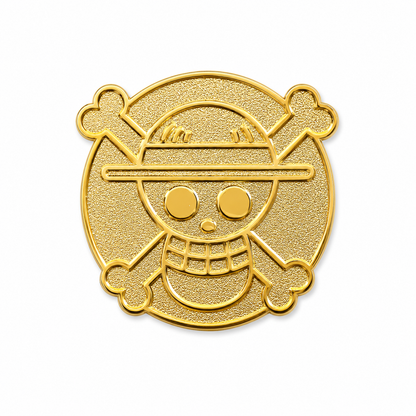 24k gold pirate flag enamel pin from Pinlord.com featuring a detailed black and gold pirate flag design.
