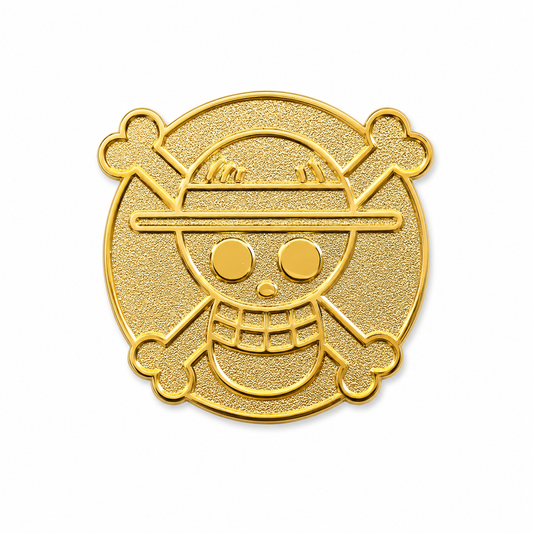 24k gold pirate flag enamel pin from Pinlord.com featuring a detailed black and gold pirate flag design.