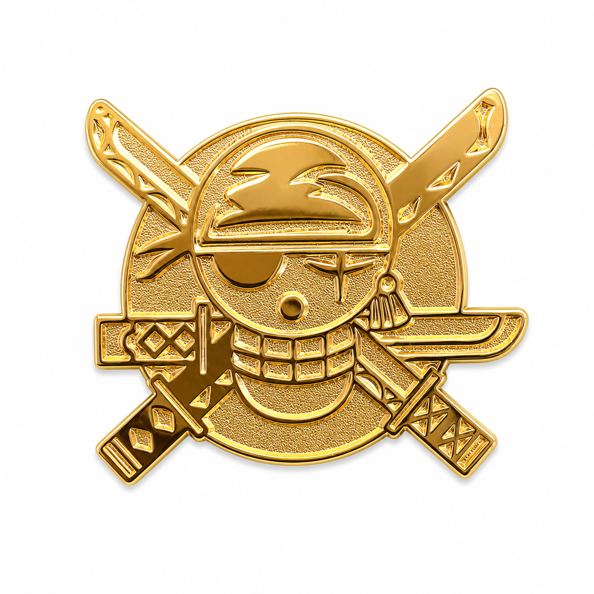 24k gold "Three-Blade Legend" logo enamel pin featuring a detailed three-blade sword design on a shiny gold background