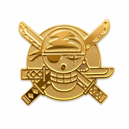 24k gold "Three-Blade Legend" logo enamel pin featuring a detailed three-blade sword design on a shiny gold background