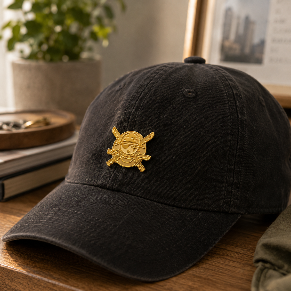 24k gold "Three-Blade Legend" enamel pin featuring a detailed logo design, perfect for collectors and accessory enthusiasts.