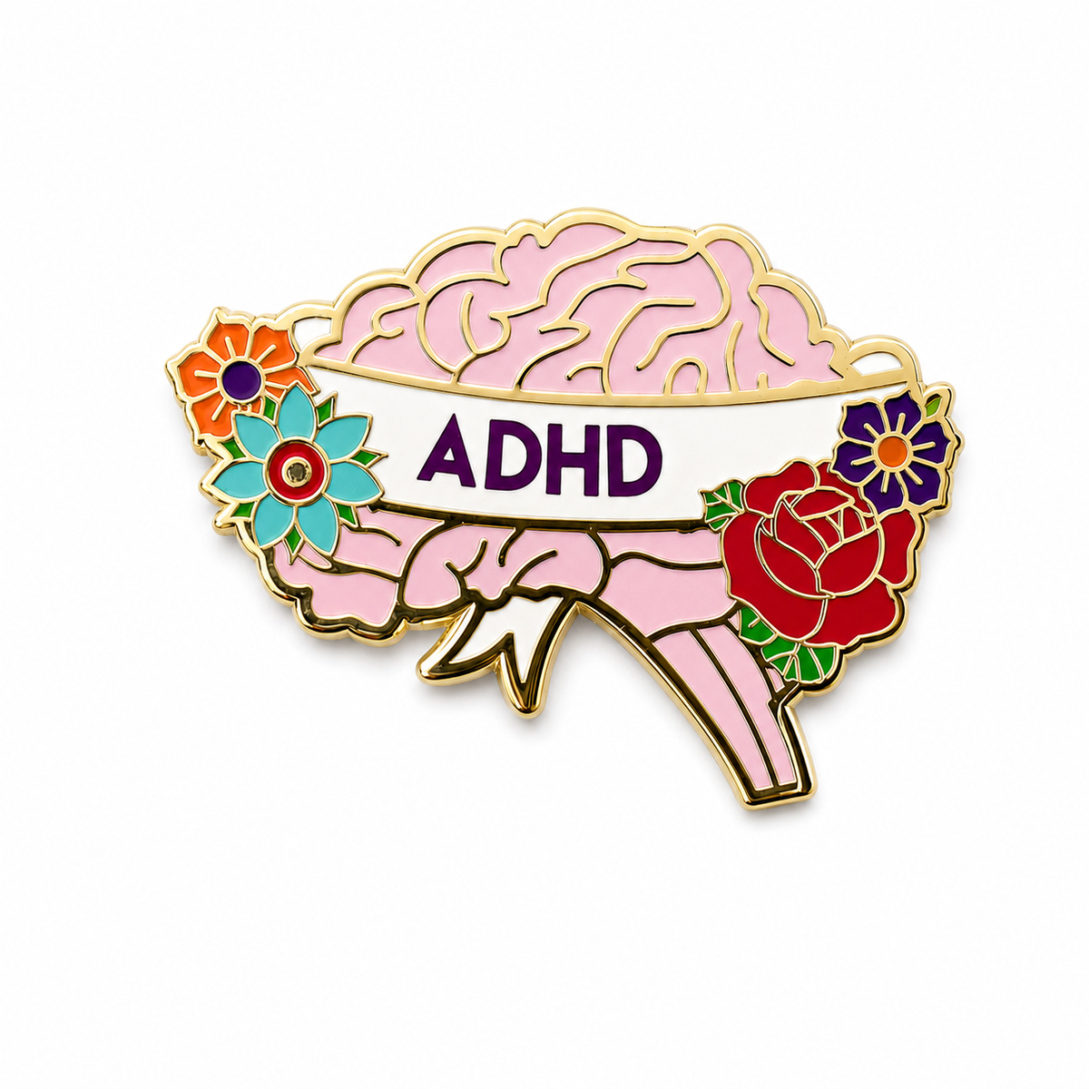 Enamel pin featuring "ADHD Appreciation" design, from Pinlord.com's Snarky Co. collaboration, showcasing a colorful brain illustration.