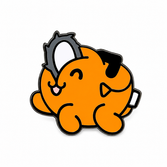 Chainsaw Dog Pochita enamel pin featuring a cute dog with a chainsaw, designed by Pinlord.com.