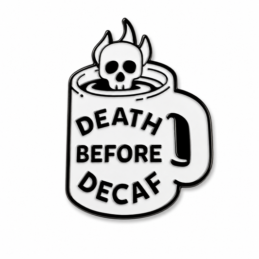 Death Before Decaf skull enamel pin featuring a detailed skull design, perfect for coffee lovers and pin collectors.
