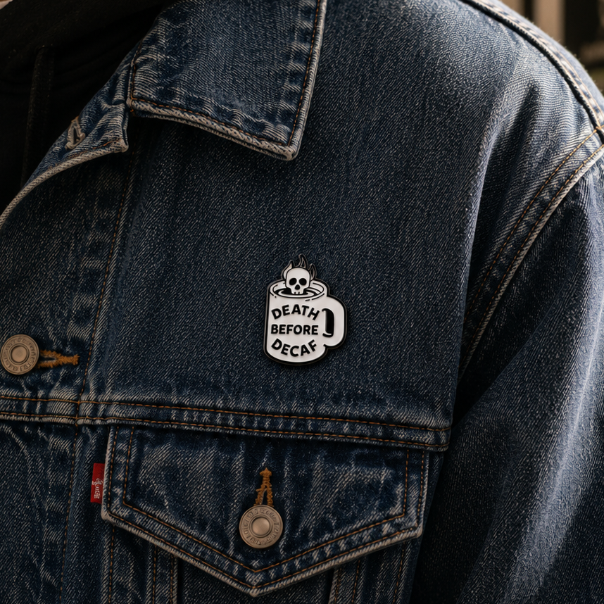 Death Before Decaf skull enamel pin featuring a detailed skull design, perfect for pin collectors and skull enthusiasts.