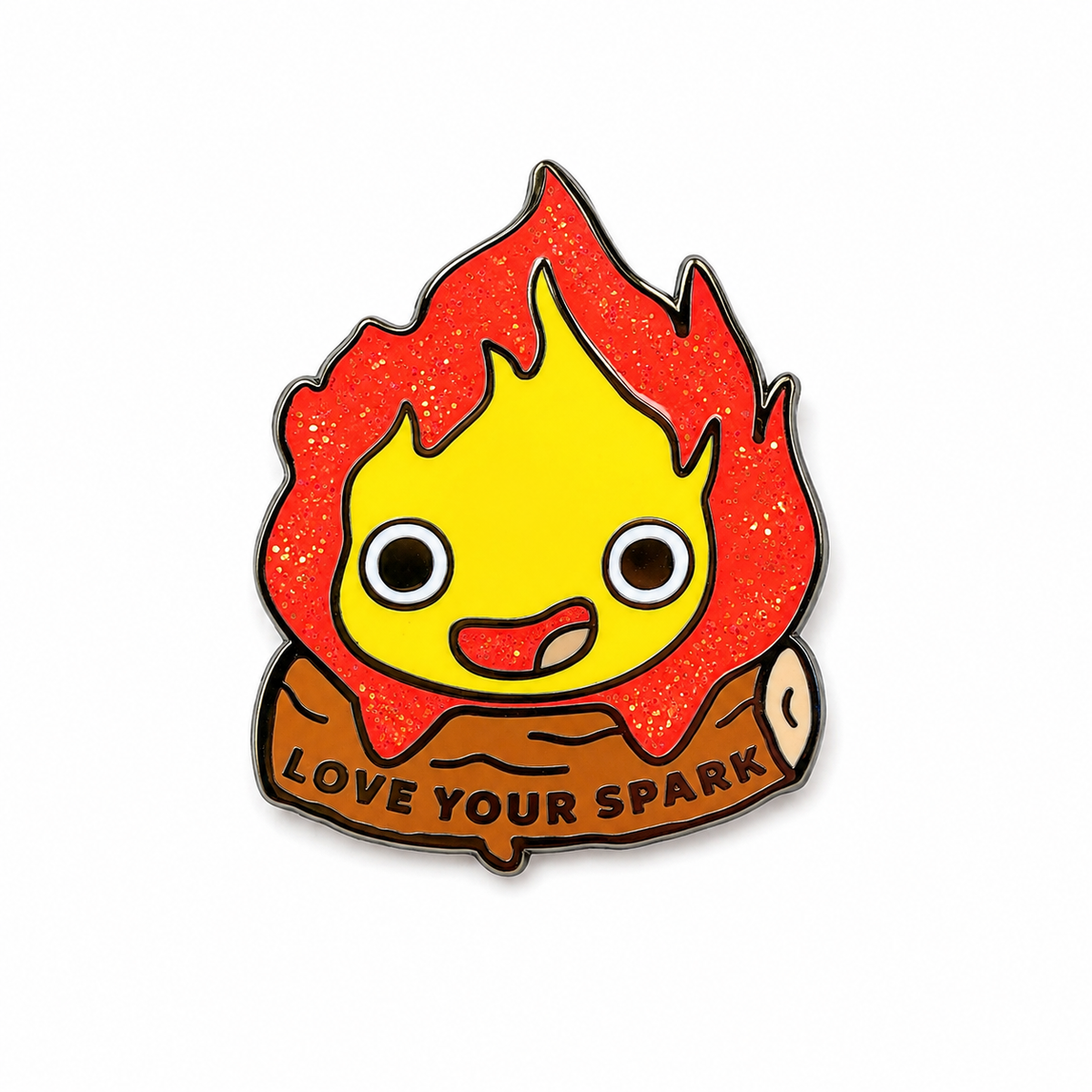 Calcifer enamel pin from Love my Spark collection by Pinlord.com, featuring a fiery, detailed design on a metal pin backing.