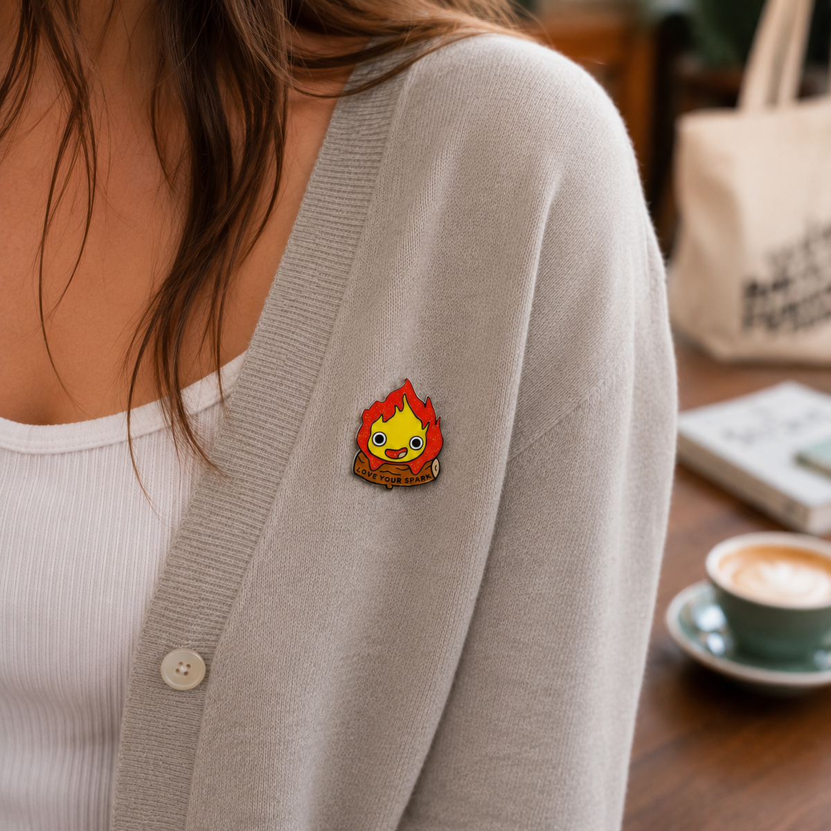 Calcifer enamel pin from Love my Spark collection, featuring a fiery design by Pinlord.com, shown on a white background.