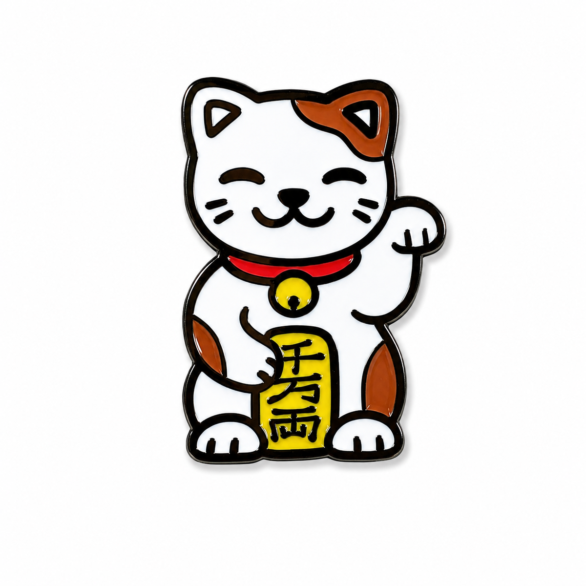 Gold and red Lucky Cat enamel pin from Pinlord.com featuring a smiling cat with a raised paw, perfect for accessories.