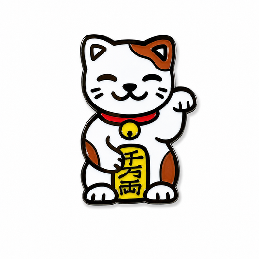 Gold and red Lucky Cat enamel pin from Pinlord.com featuring a smiling cat with a raised paw, perfect for accessories.