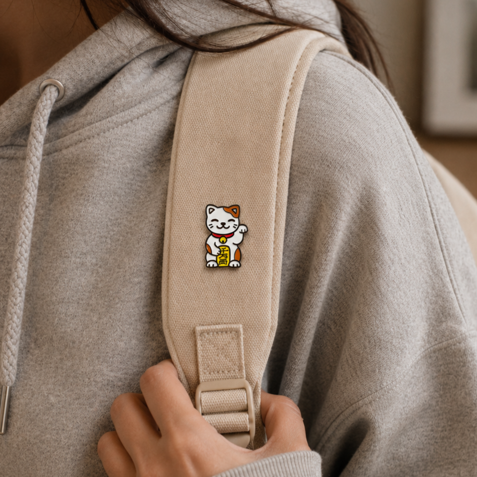 Gold Lucky Cat enamel pin with green eyes and a red collar, featuring a smiling cat design from Pinlord.com.