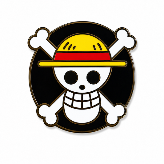 Black pirate flag enamel pin by Pinlord.com featuring detailed pirate skull and crossbones design on a metal pinback.