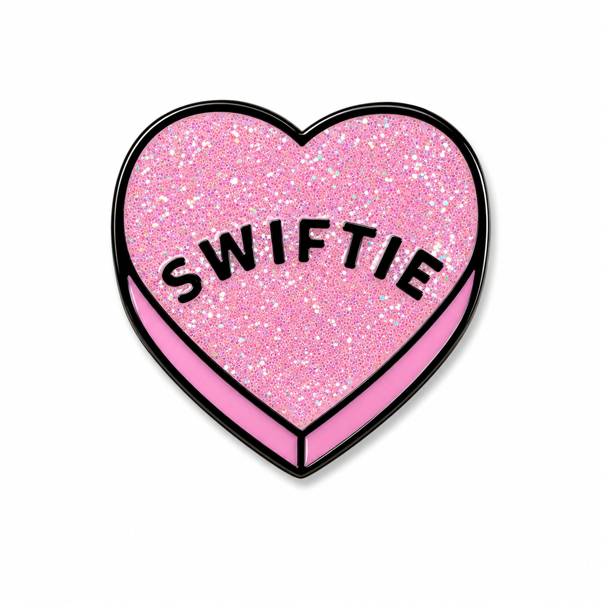 Close-up of a colorful Swiftie enamel pin featuring a heart design, made by Pinlord.com, perfect for decorating bags or jackets.