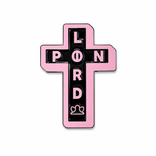 Silver cross enamel pin featuring detailed design, ideal for accessories or collection, by Pin Lord.
