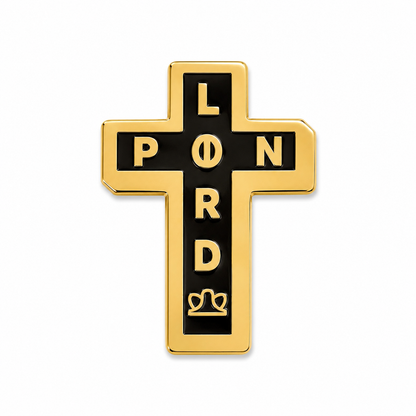 Enamel pin featuring a cross design from Pin Lord, with detailed enamel finish, perfect for backpacks or clothing accessories.