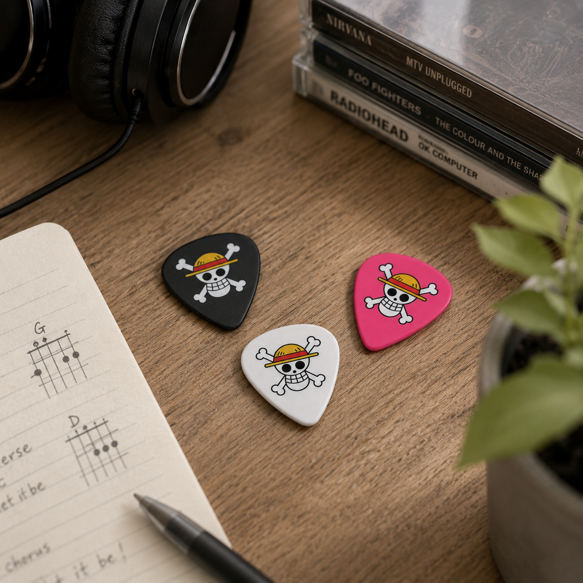 Pinlord.com ON3.P/ECE Monkey guitar pick featuring a bold design, held between fingers, showcasing its shape and material.