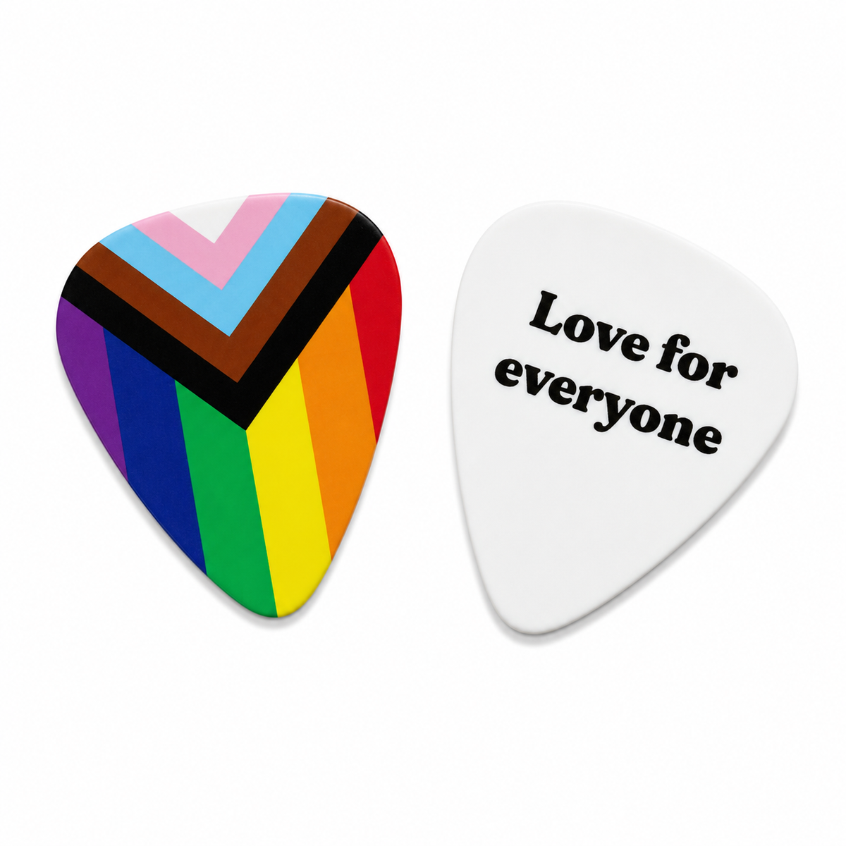 Rainbow "Love for Everyone" guitar pick by Pinlord.com, featuring a colorful heart design on a white background.