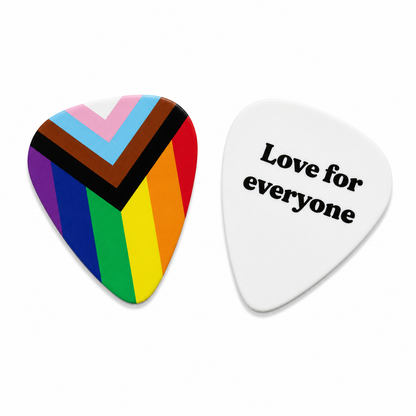 Rainbow "Love for Everyone" guitar pick by Pinlord.com, featuring a colorful heart design on a white background.