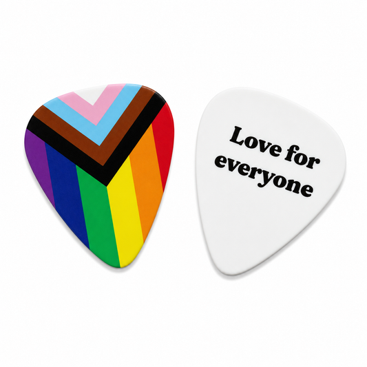 Rainbow "Love for Everyone" guitar pick by Pinlord.com, featuring a colorful heart design on a white background.