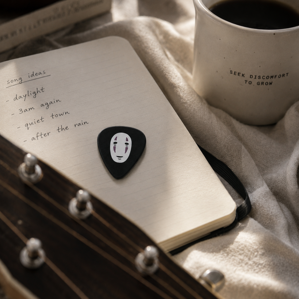 Gold No Face guitar pick from Pinlord.com, a durable metal accessory for musicians, featuring a unique No Face design.