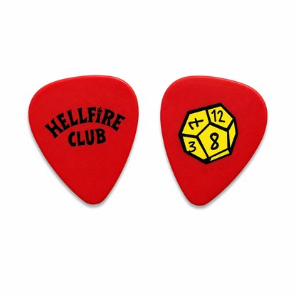 Red Hellfire Club D12 guitar pick by Pinlord.com featuring a demonic design, ideal for electric and acoustic guitar players.