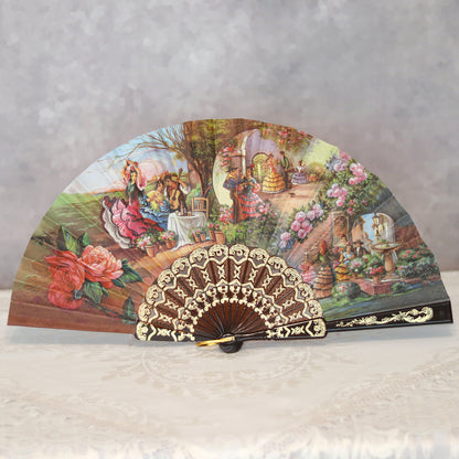 Custom Pinlord.com hand fans with colorful designs, lightweight wooden handles, ideal for events or personal use.