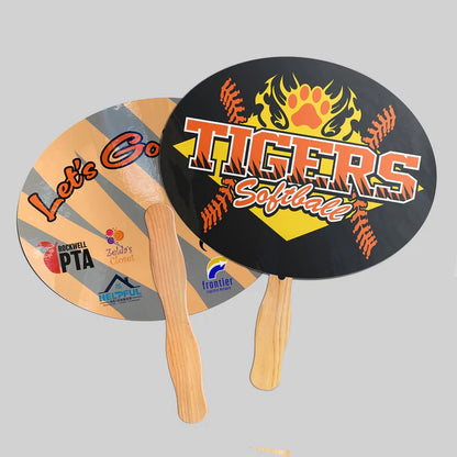 Custom hand fans featuring intricate designs, perfect for personal or event use, by Pinlord.com.
