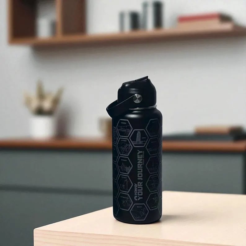 Custom insulated bottle by Pinlord.com featuring a sleek design and durable construction for hot and cold beverages.