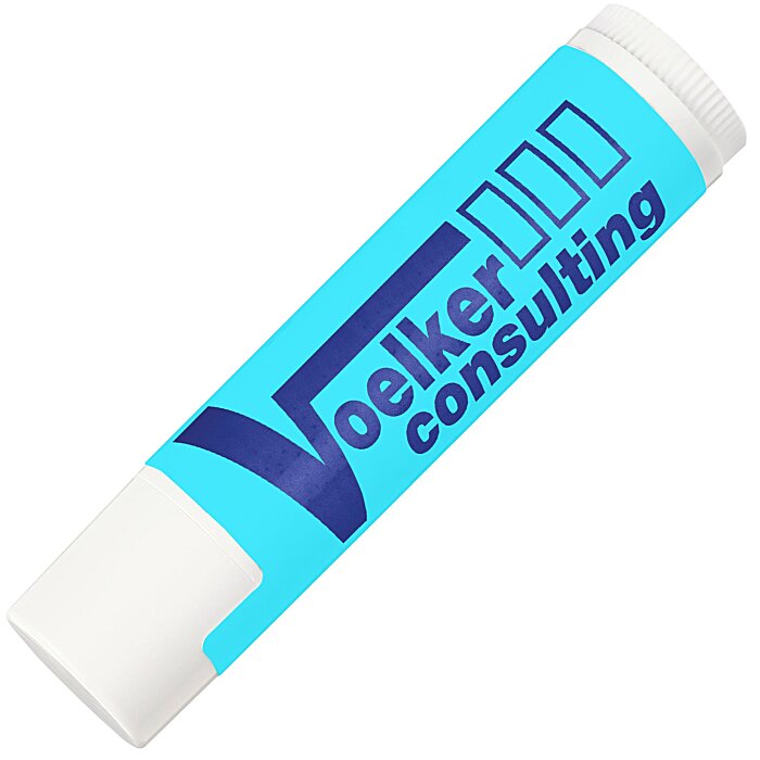 Close-up of a manufacturer lip balm with the 4imprint Review logo, featuring the Pinlord.com brand on the packaging