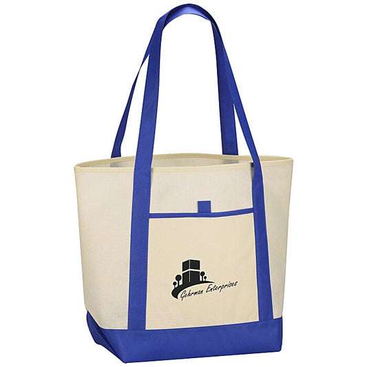 Black tote bag with 4imprint and Pinlord.com branding, made by manufacturer 4imprint, featuring sturdy handles and spacious interior.