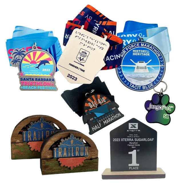 Close-up of custom medals and awards from Ashworth Awards, featuring detailed designs for event merchandise and recognition.