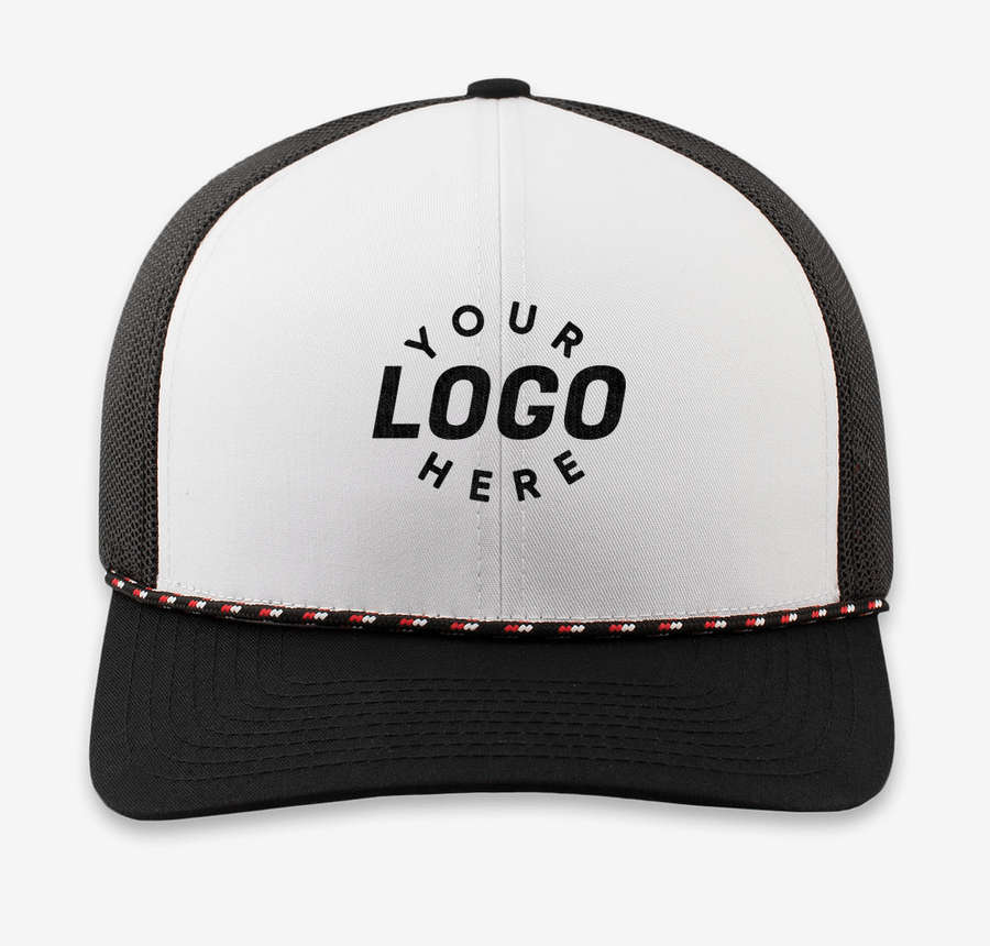Custom Ink hat from Pinlord.com, navy blue baseball cap with embroidered logo, adjustable strap, and structured crown.