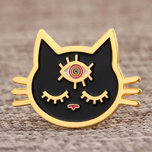 Colorful enamel cat pin from Pinlord.com, showcasing detailed craftsmanship and vibrant design.