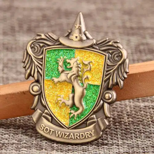 Gryffindor-themed custom 3D enamel pin by Pinlord.com, featuring detailed lion design on a shiny metal background.