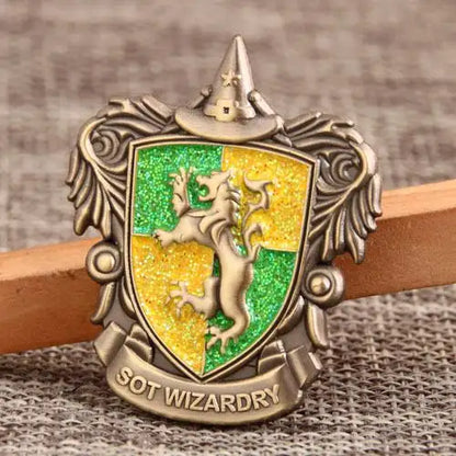 Gryffindor-themed custom 3D enamel pin by Pinlord.com, featuring detailed lion design on a shiny metal background.