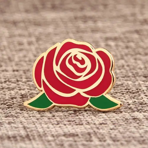 Close-up of a custom enamel rose lapel pin by Pinlord.com, showcasing intricate design and vibrant colors.
