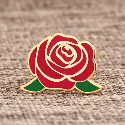 Close-up of a custom enamel rose lapel pin by Pinlord.com, showcasing intricate design and vibrant colors.