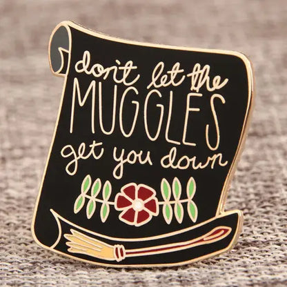 Close-up of custom enamel lapel pin featuring a proverb design, by Pinlord.com, showcasing detailed craftsmanship and vibrant colors.