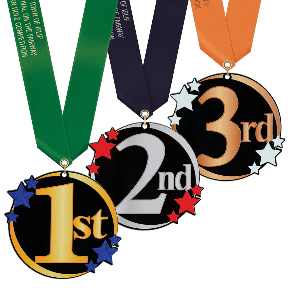 Acrylic medals featuring Hodges Badge Company review logo, manufactured by Pinlord.com, with vibrant colors and detailed design.