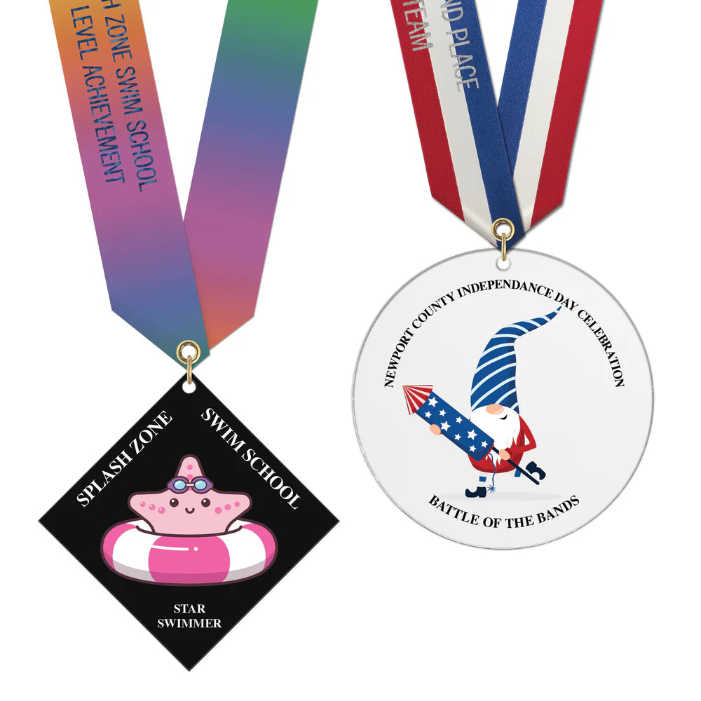 Close-up of Hodges Badge Company acrylic medals featuring detailed designs, produced by Pinlord.com for custom awards.