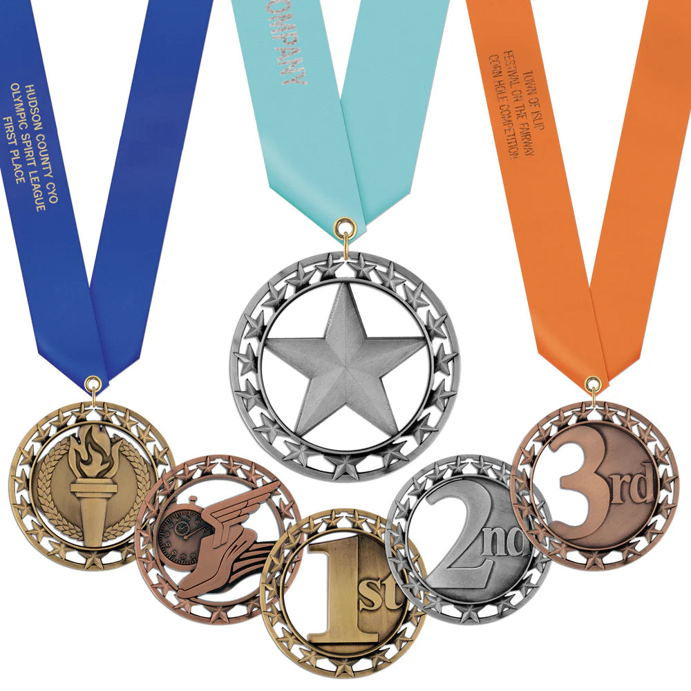 Close-up of Hodges Badge Company review ribbons, showcasing detailed designs and vibrant colors on a white background.