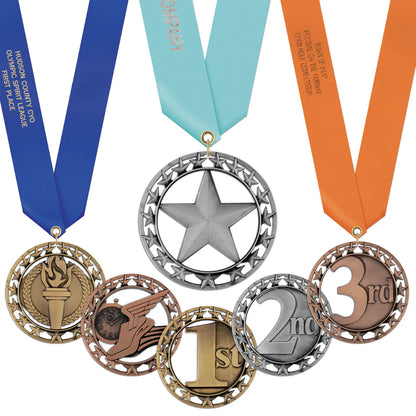 Close-up of Hodges Badge Company review ribbons, showcasing detailed designs and vibrant colors on a white background.