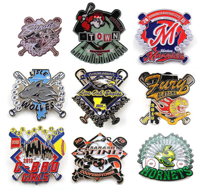 Jiayue Pins manufacturer logo with various colorful enamel pins displayed, showcasing detailed designs and craftsmanship.