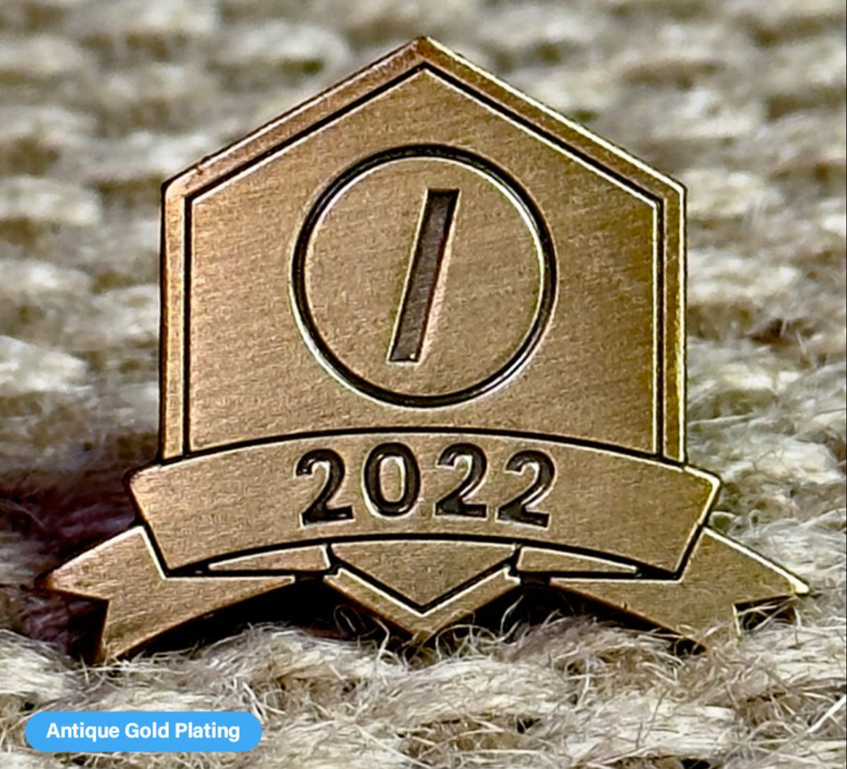 Close-up of a Pinlord.com lapel pin featuring the Now Review design, showcasing detailed craftsmanship on a metallic finish.