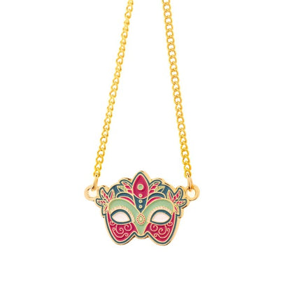 Enamel pendant necklace featuring a mask design, with a chain, made by Cooper for Pinlord.com.